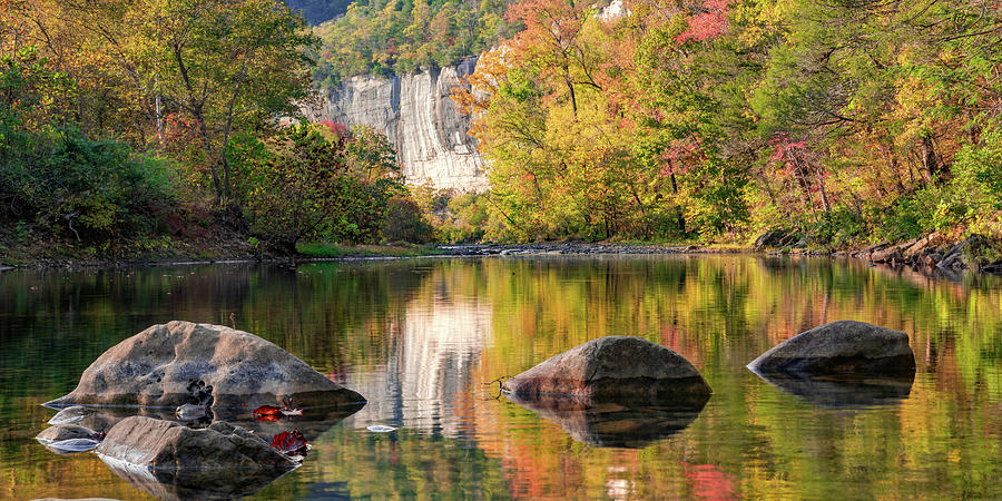 River Rocks In The Buffalo National River At Roark Bluff - Autumn Panorama Photograph by Gregory Ballos
