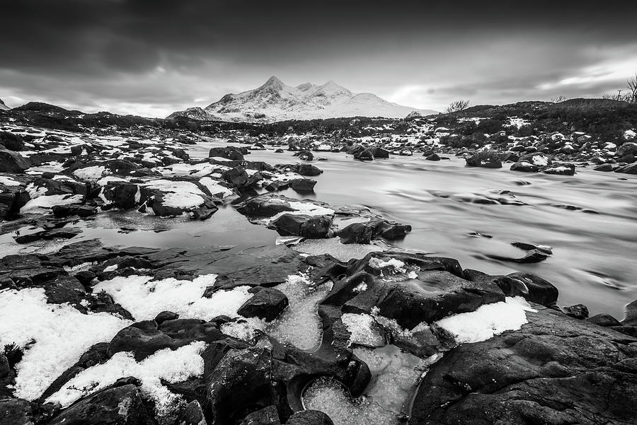 Black And White Photograph - River Sligachan and the Black Cuillin by Peter OReilly