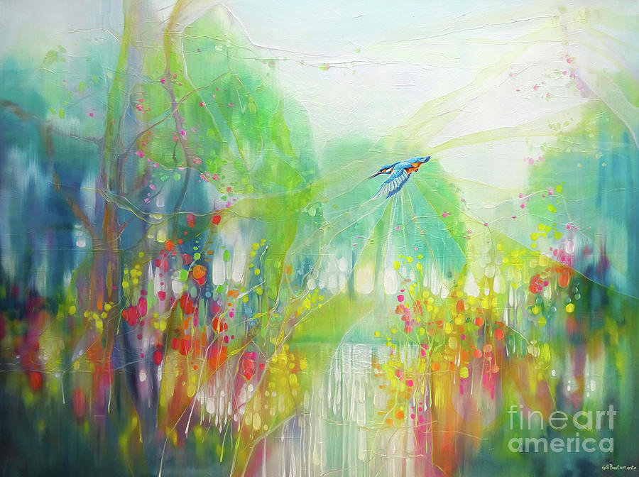 River Spell is a large colourful contemporary oil painting showing a kingfisher flying along a river Painting by Gill Bustamante