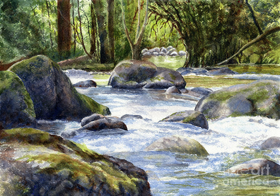 Waterfall Painting - River Through the Forest, Landscape Watercolor by Sharon Freeman