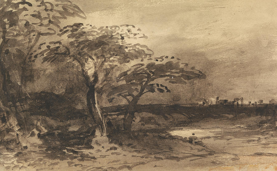 River, Trees and Distant Town Drawing by John Varley