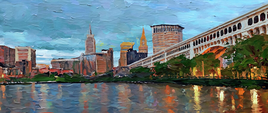 River view of Cleveland Ohio Mixed Media by Pheasant Run Gallery
