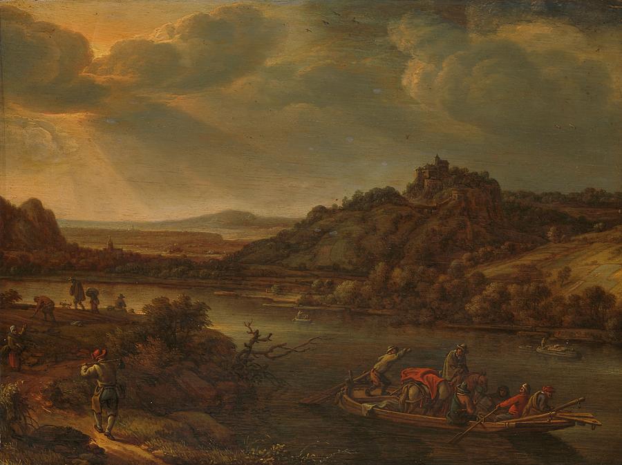 River view with ferry, Herman Saftleven, 1655 Painting by MotionAge Designs