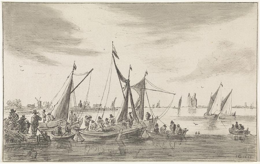 River view with sailing ships, Hendrik Spilman, after Jan van Goyen, Painting by MotionAge Designs