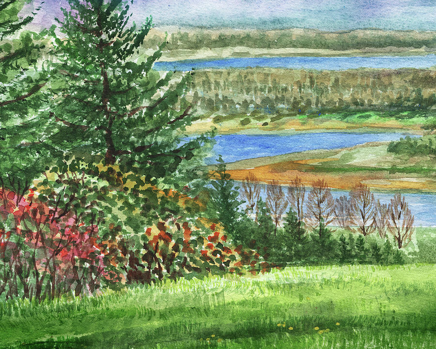 Riverbank Watercolor Landscape  Painting by Irina Sztukowski