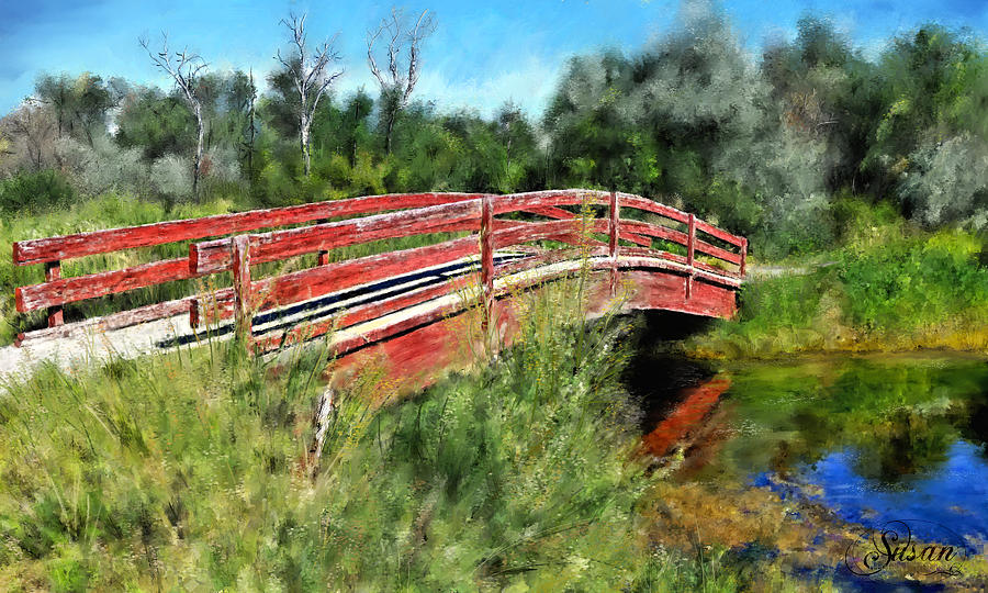 Riverfront Park Red Bridge. Digital Art by Susan Kinney