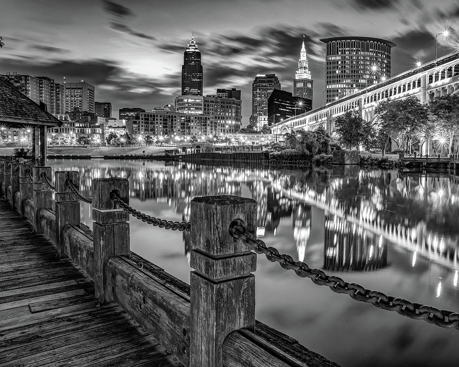 Riverfront View Of Cleveland Ohio - Black and White Photograph by Gregory Ballos