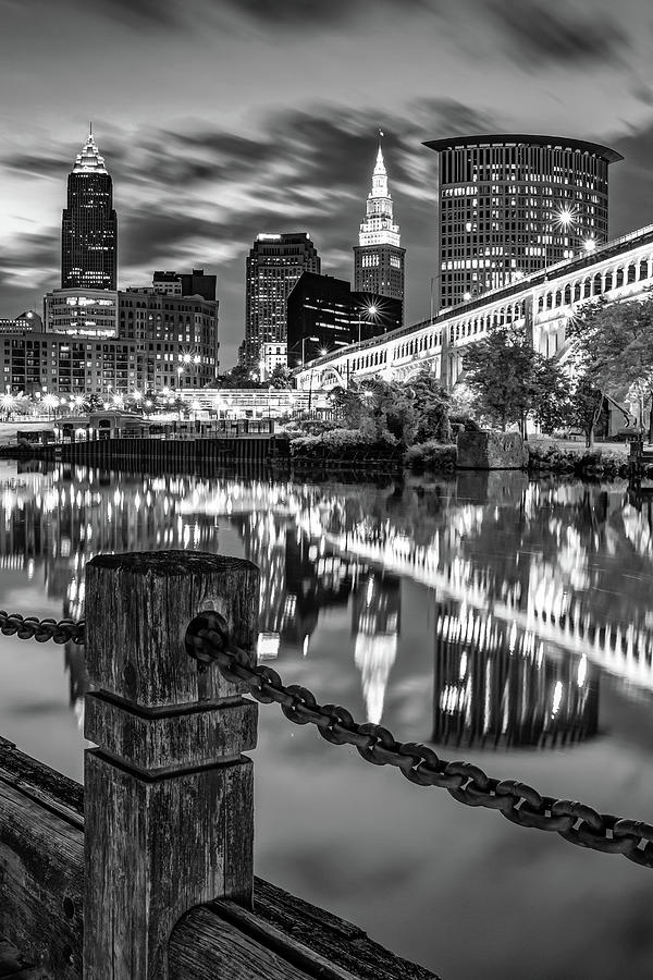 Riverfront View Of Cleveland Ohio In Black and White Photograph by Gregory Ballos