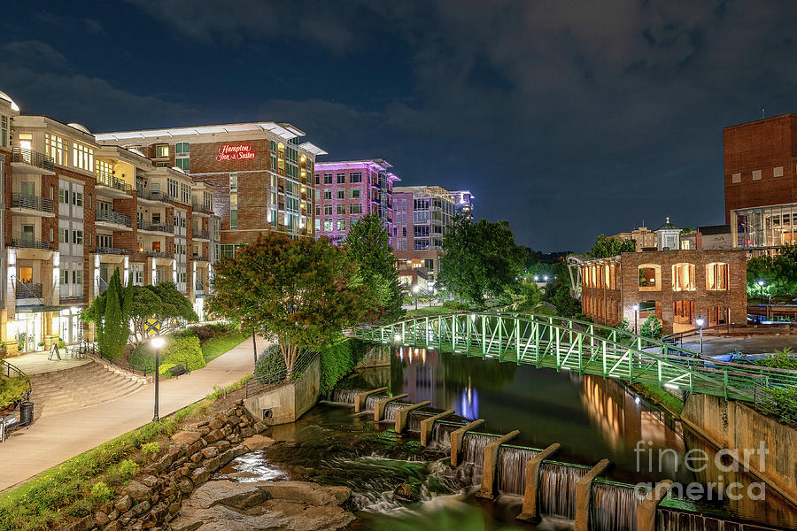 Landscape Photograph - RiverPlace in Downtown Greenville SC After Dark by Willie Harper