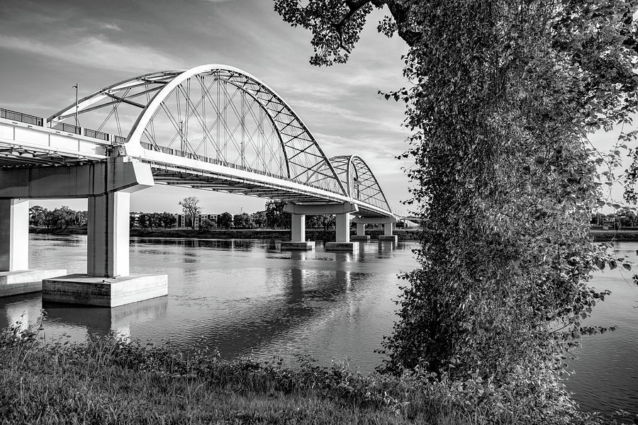 Riverside Serenity At The Broadway Street Bridge In Monochrome - Little Rock Photograph
