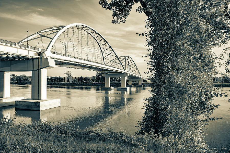 Riverside Serenity At The Broadway Street Bridge In Sepia - Little Rock Photograph