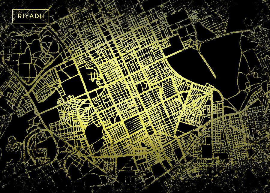 Riyadh Map in Gold and Black Digital Art by Sambel Pedes