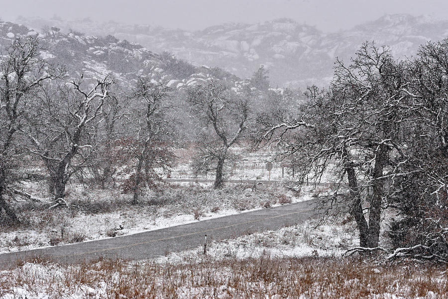 Road in snow, Wichita Mountains Photograph by Cindy McIntyre