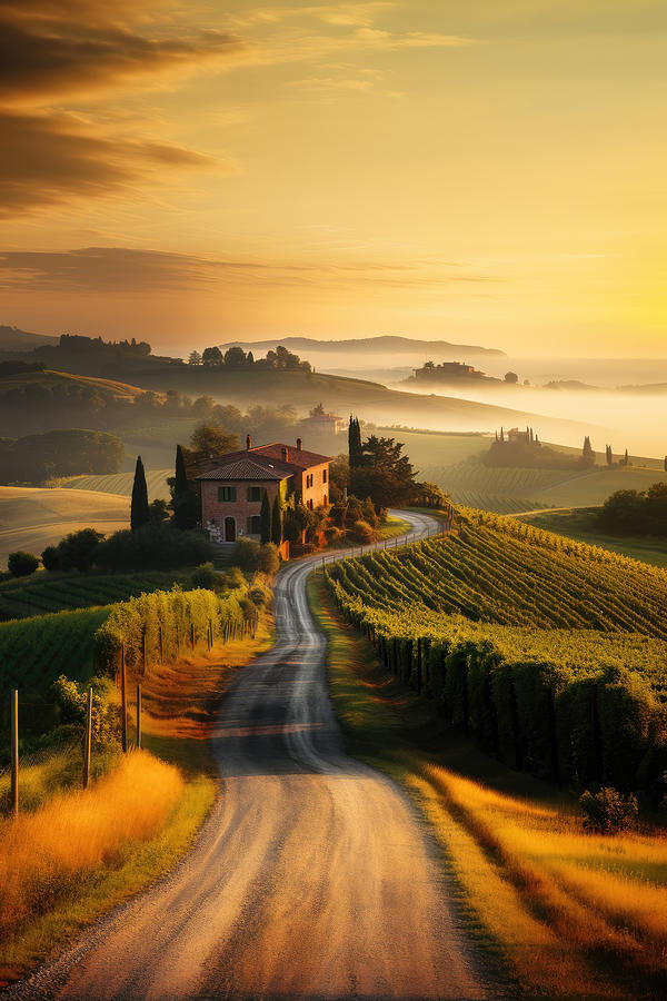 Wine Photograph - Road to Italian Farmhouse With Golden Morning Light by Good Focused