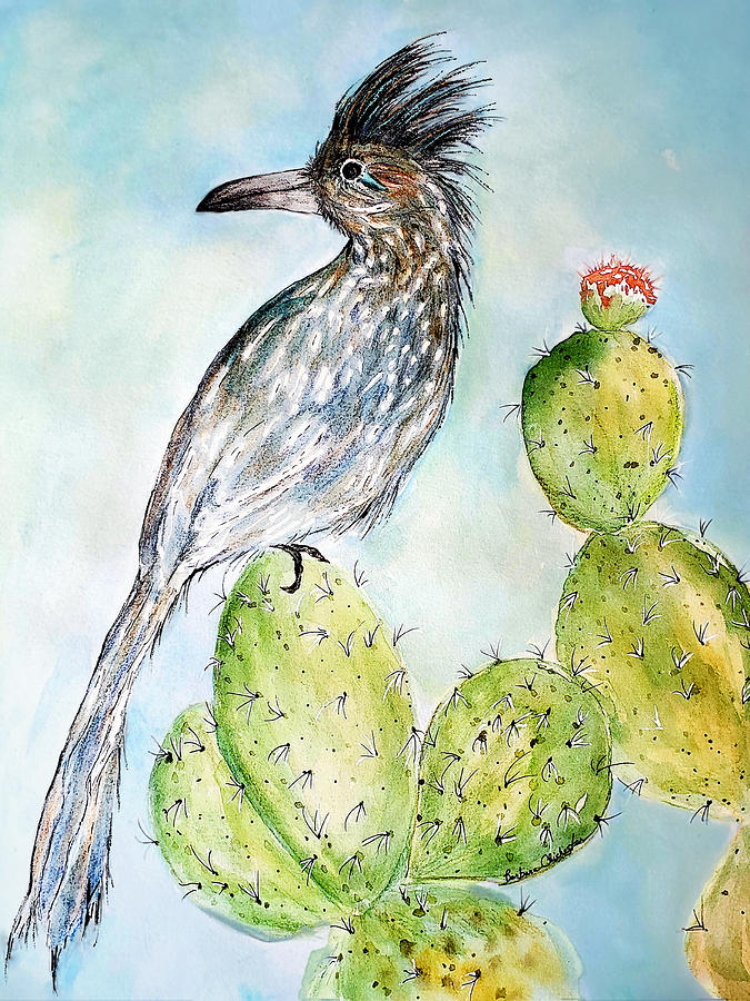Roadrunners Cactus Perch Painting by Barbara Chichester