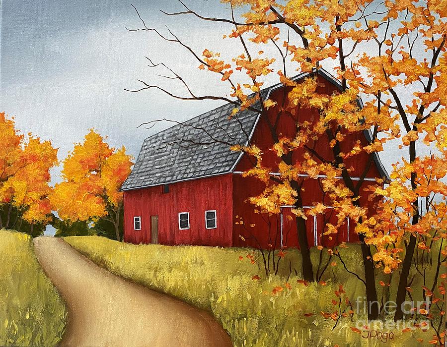 Red roadside barn Painting by Inese Poga