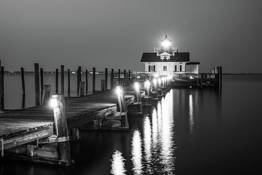 Black And White Photograph - Roanoke Marshes Lighthouse Guiding Light - Black And White by Gregory Ballos