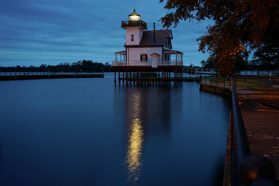 Architecture Photograph - Roanoke River lighthouse in Edenton, North Carolina at dusk by Paul Hamilton