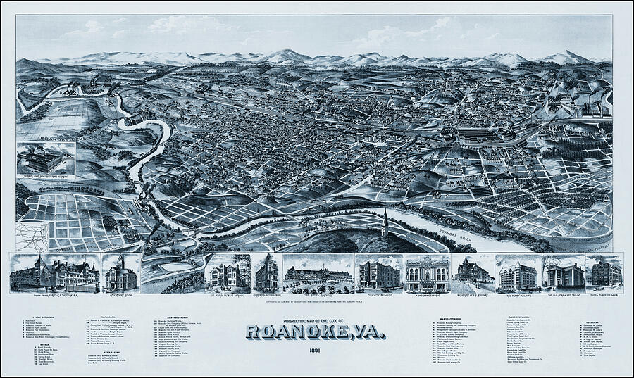 Roanoke Virginia Vintage Map Birds Eye View 1891 Blue Drawing by Carol Japp Roanoke Virginia Vintage Map Birds Eye View 1891 Blue Drawing by Carol Japp
