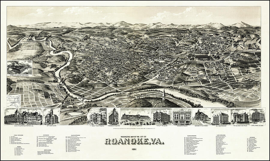 Roanoke Virginia Vintage Map Birds Eye View 1891 Drawing by Carol Japp Roanoke Virginia Vintage Map Birds Eye View 1891 Drawing by Carol Japp