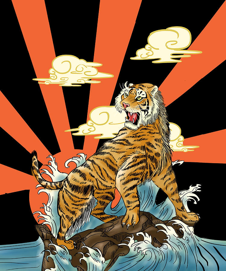 Roaring Tiger above Tsunami Wave in Japanese Art Painting by Butler ...