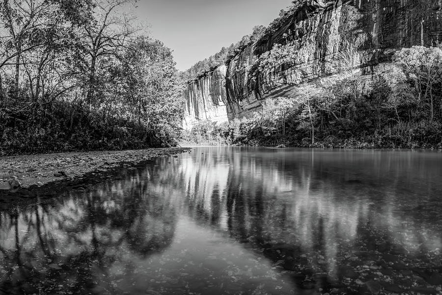 Black And White Photograph - Roark Bluff and Buffalo River Monochrome Landscape by Gregory Ballos