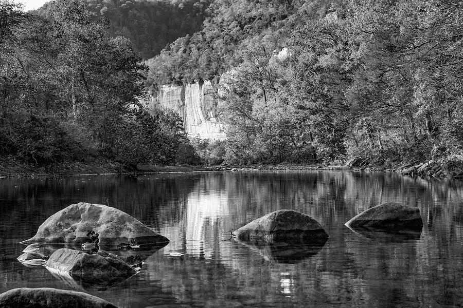 Roark Bluff And River Rocks Along The Buffalo National River - Black and White Photograph by Gregory Ballos