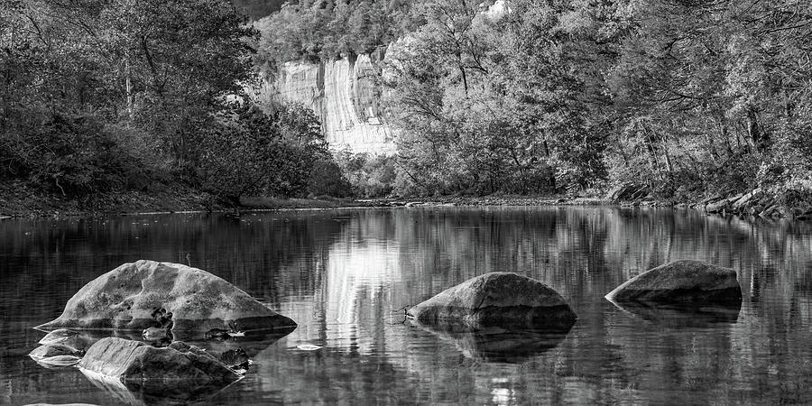Roark Bluff And River Rocks Along The Buffalo National River Panorama - Black and White Photograph by Gregory Ballos