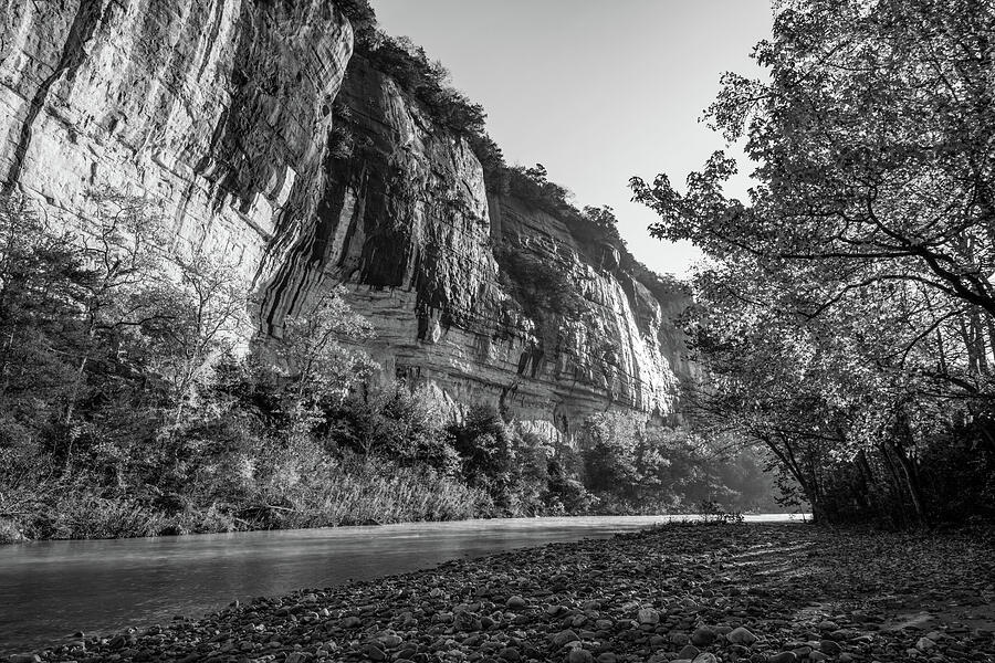 Roark Bluff Sunrise at Steel Creek And The Buffalo National River - Black and White Photograph by Gregory Ballos