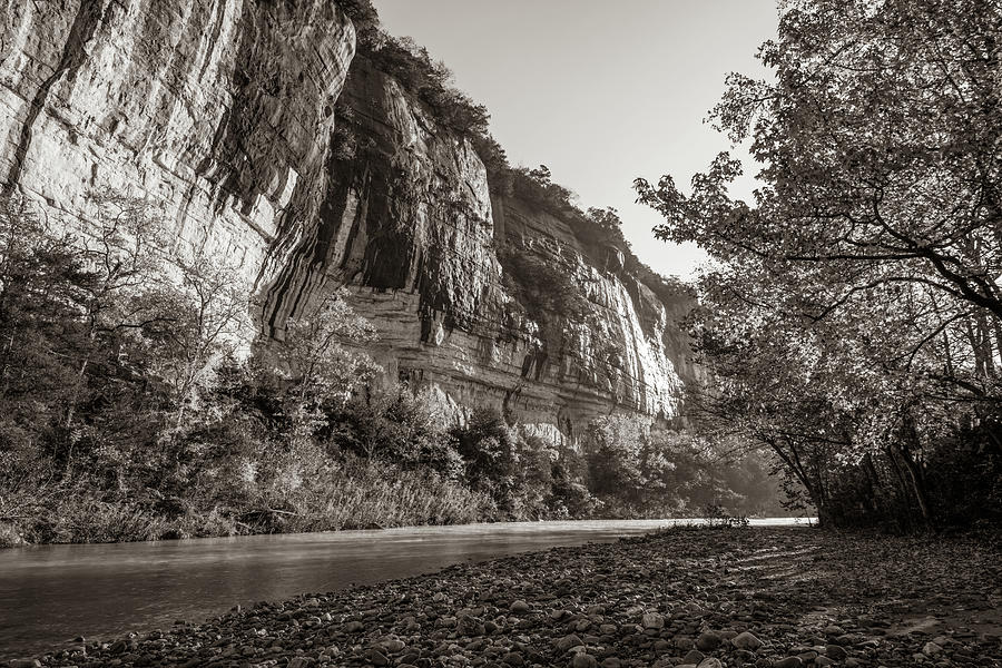 Roark Bluff Sunrise at Steel Creek And The Buffalo National River - Sepia Photograph by Gregory Ballos