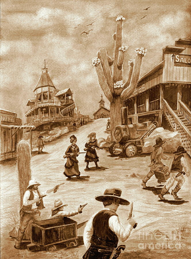 Robbery At High Noon-Sepia Tone Painting by Marilyn Smith