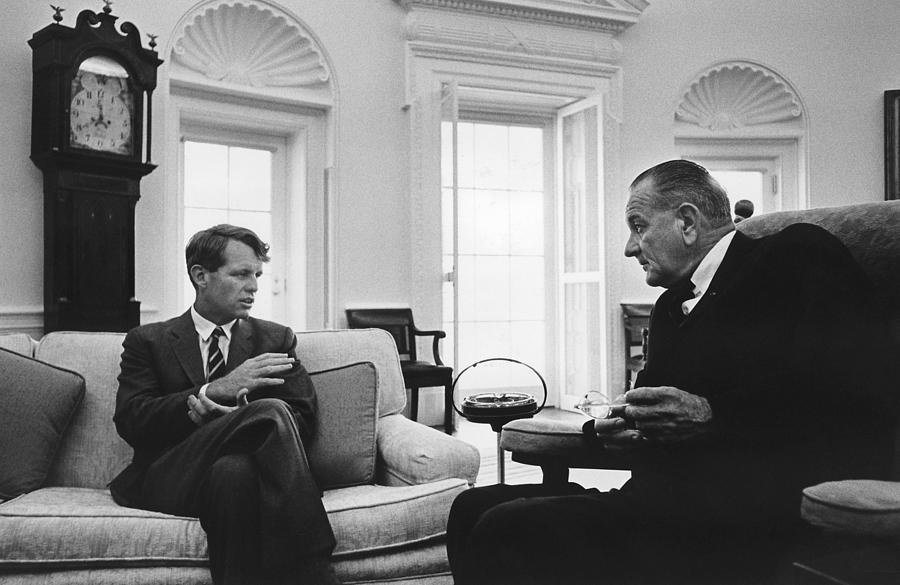 Robert F. Kennedy and President Lyndon B. Johnson - Yoichi Okamoto 1966 Photograph by War Is Hell Store