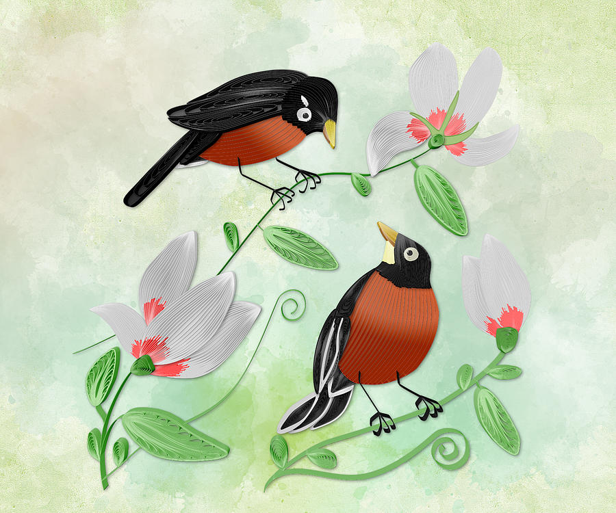 Robin And Magnolia Blossoms - Recreation Digital Art