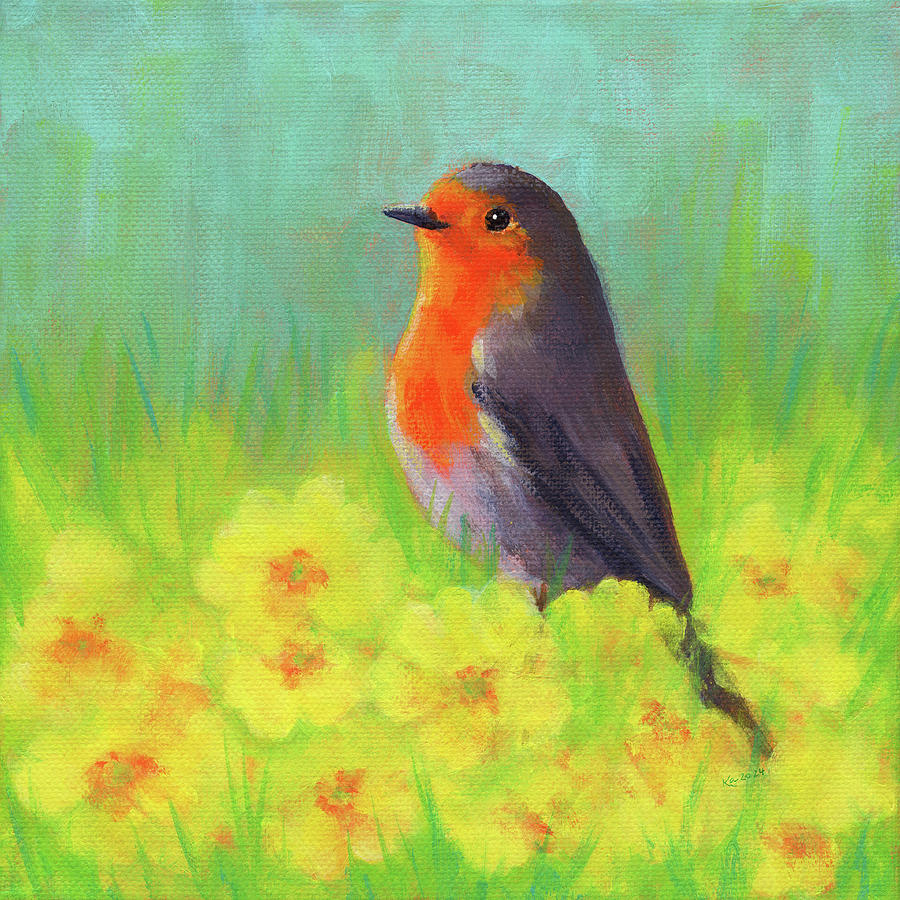 Robin and primroses Painting by Karen Kaspar