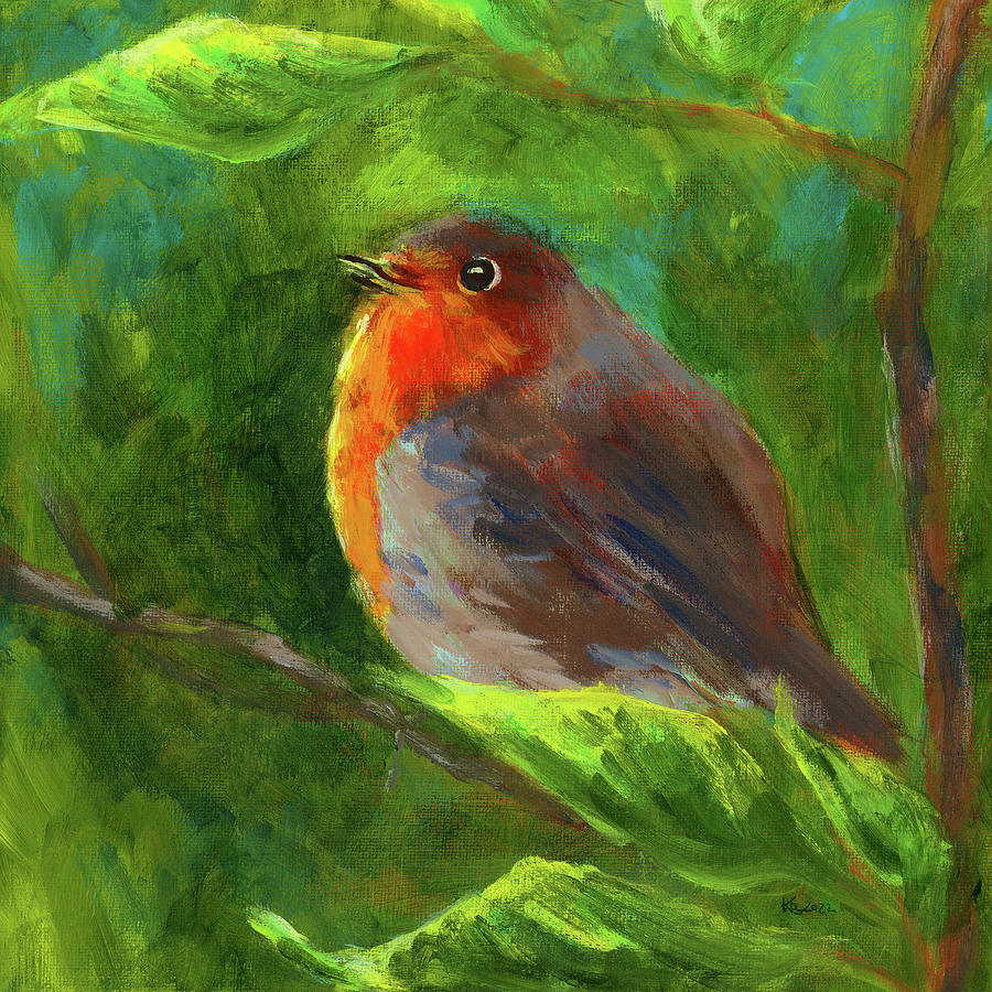 Robin bird in an elder bush Painting by Karen Kaspar