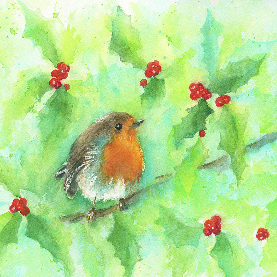 Robin in a Holly Bush square Painting by Karen Kaspar