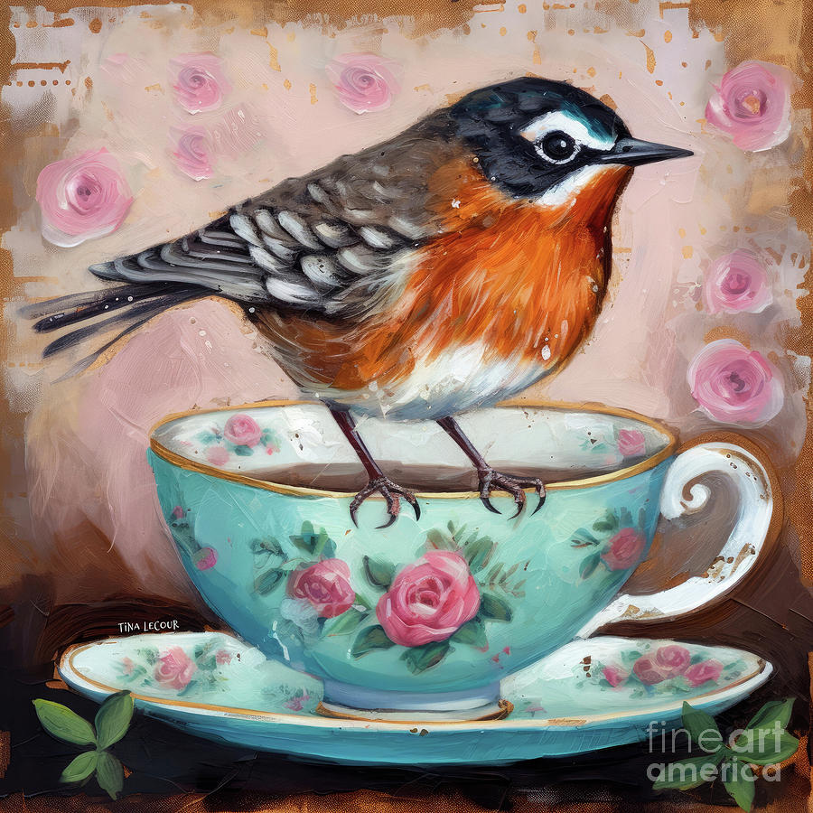 American Robin Painting - Robin In Your Cup by Tina LeCour
