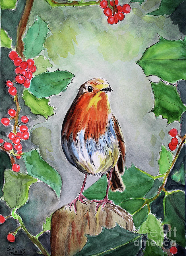 Robin on Green Painting by James Ackley