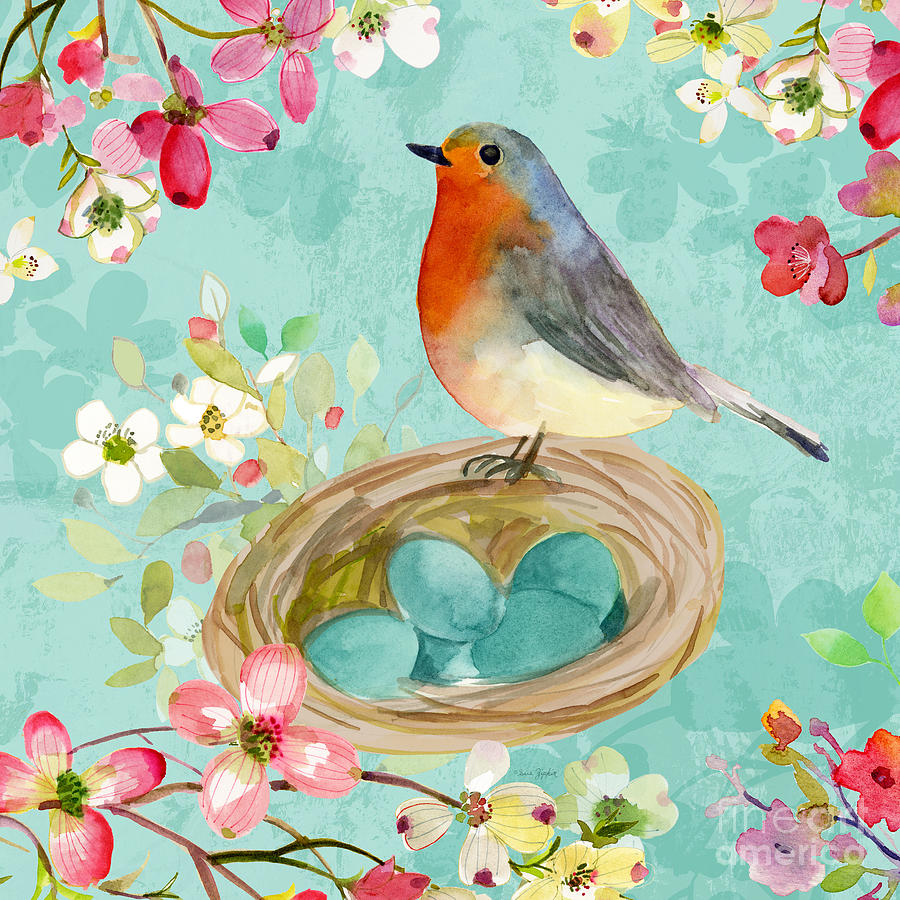 Robin with Nest Painting by Sue Zipkin