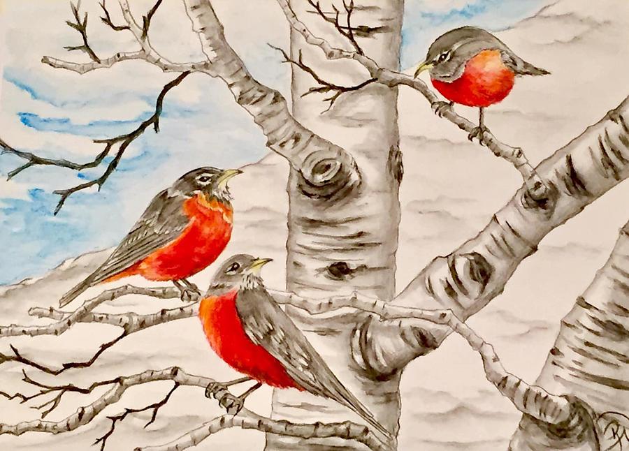 Robins in Winter Drawing by Renee Noel