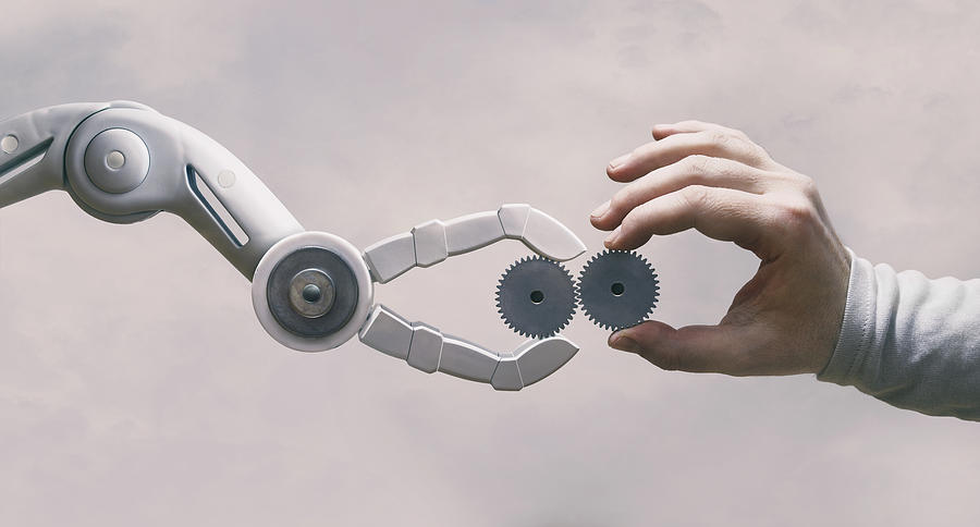 Robot And Human Hand with Gears Photograph by Ivan Bajic