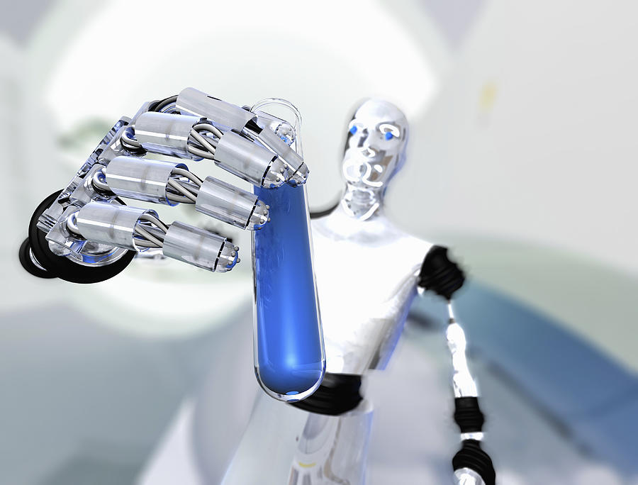 Robot holding up test tube with blue liquid Photograph by Cultura RM Exclusive/KaPe Schmidt