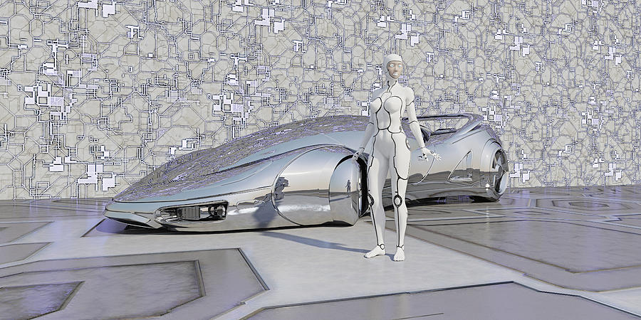 Robot standing near shiny futuristic car Photograph by Donald Iain Smith