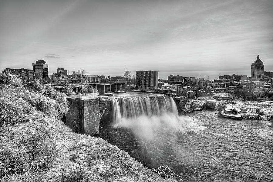 Rochester High Falls Sunset Black and White Photograph by JC Findley