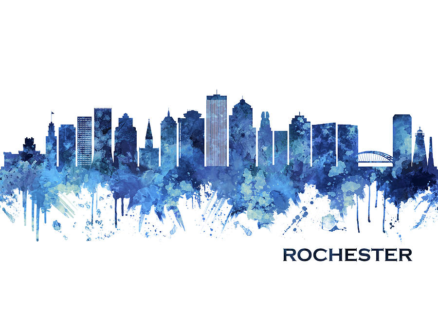 Rochester New York Skyline Blue Mixed Media by NextWay Art