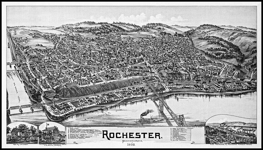 Pennsylvania Map Photograph - Rochester Pennsylvania Vintage Map Birds Eye View 1900 Black and White  by Carol Japp