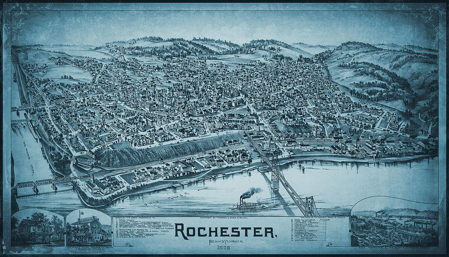 Vintage Photograph - Rochester Pennsylvania Vintage Map Birds Eye View 1900 Blue by Carol Japp