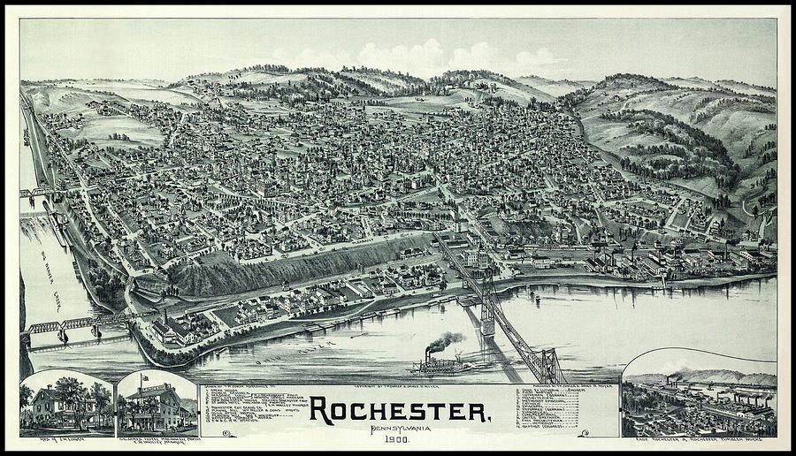Pennsylvania Map Photograph - Rochester Pennsylvania Vintage Map Birds Eye View 1900 by Carol Japp