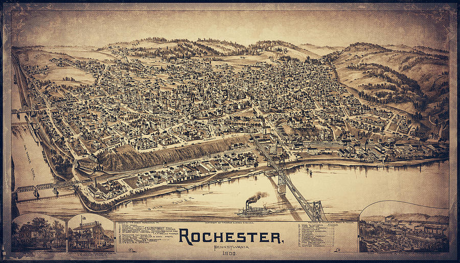 Pennsylvania Map Photograph - Rochester Pennsylvania Vintage Map Birds Eye View 1900 Sepia by Carol Japp