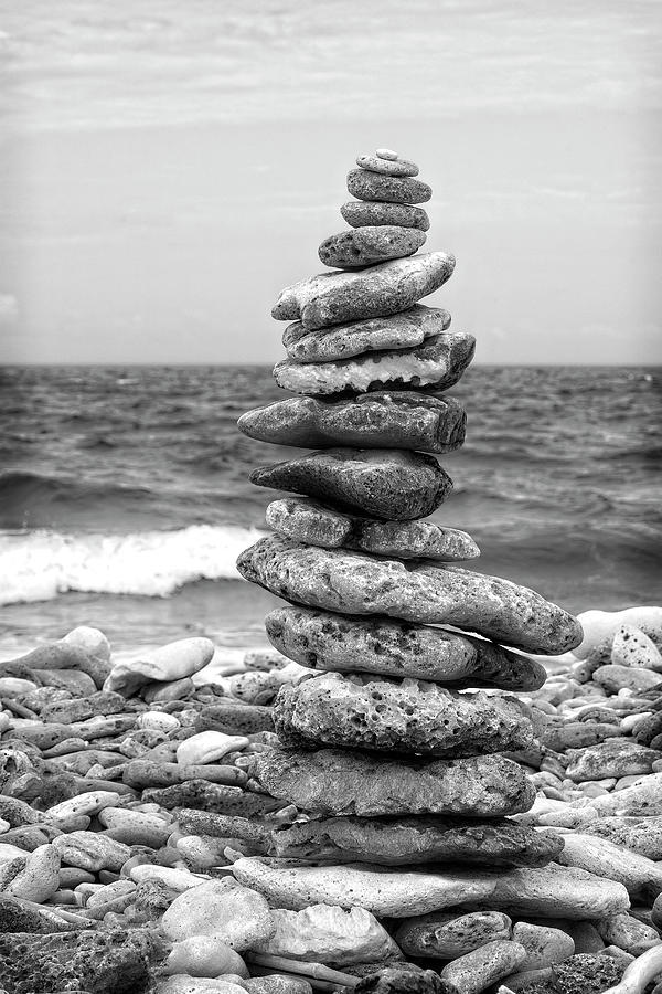 Rock Cairn Bonaire in Black and White Photograph by Tammy Wetzel